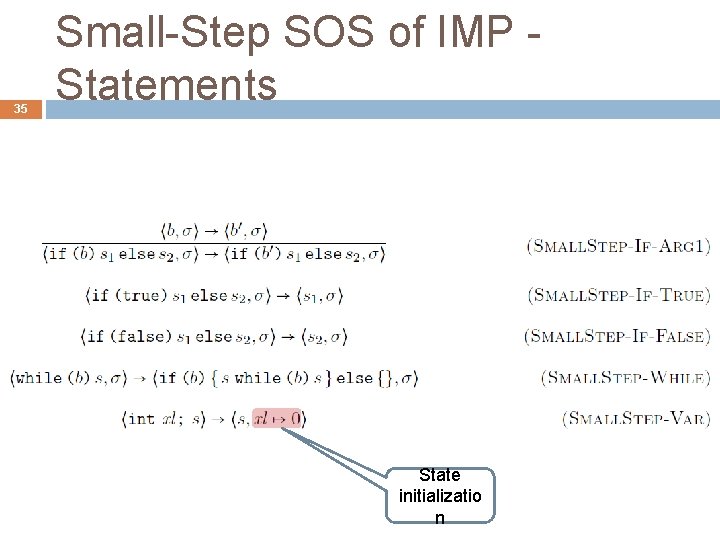 35 Small-Step SOS of IMP Statements State initializatio n 