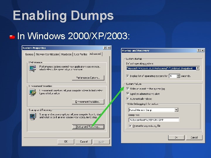 Enabling Dumps In Windows 2000/XP/2003: 