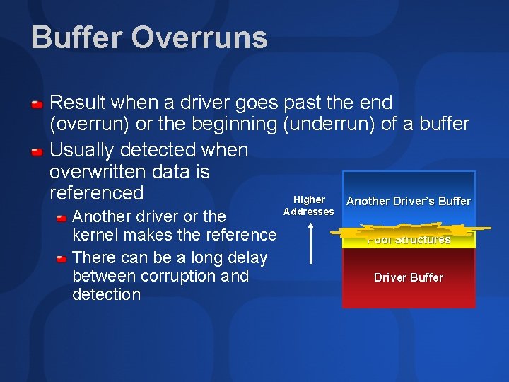 Buffer Overruns Result when a driver goes past the end (overrun) or the beginning