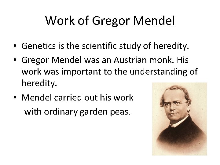 Work of Gregor Mendel • Genetics is the scientific study of heredity. • Gregor