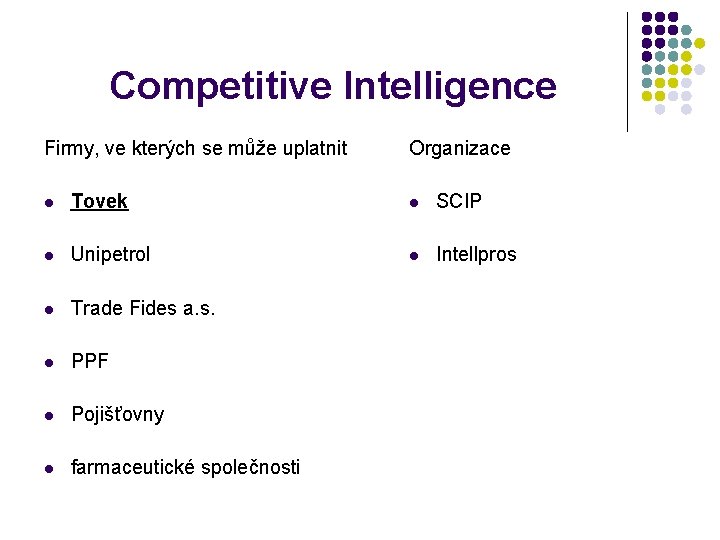 Competitive Intelligence Firmy, ve kterých se může uplatnit Organizace Tovek SCIP Unipetrol Intellpros Trade