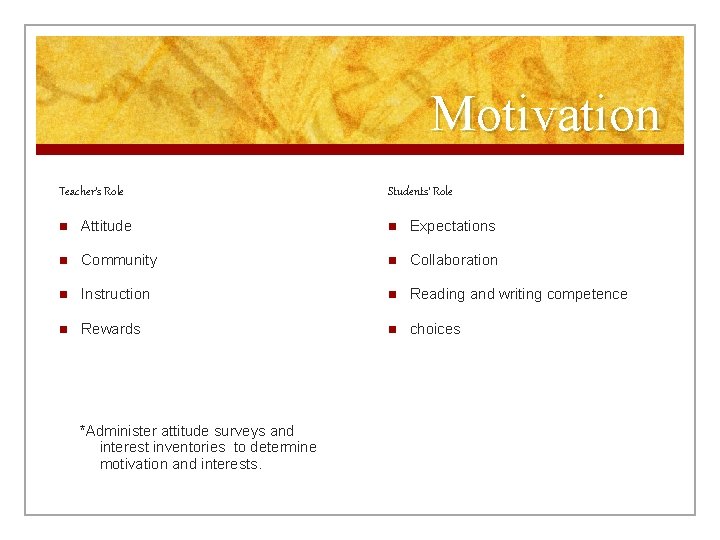 Motivation Teacher’s Role Students’ Role n Attitude n Expectations n Community n Collaboration n