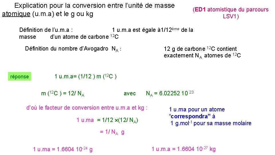  Explication pour la conversion entre l’unité de masse atomique (u. m. a) et