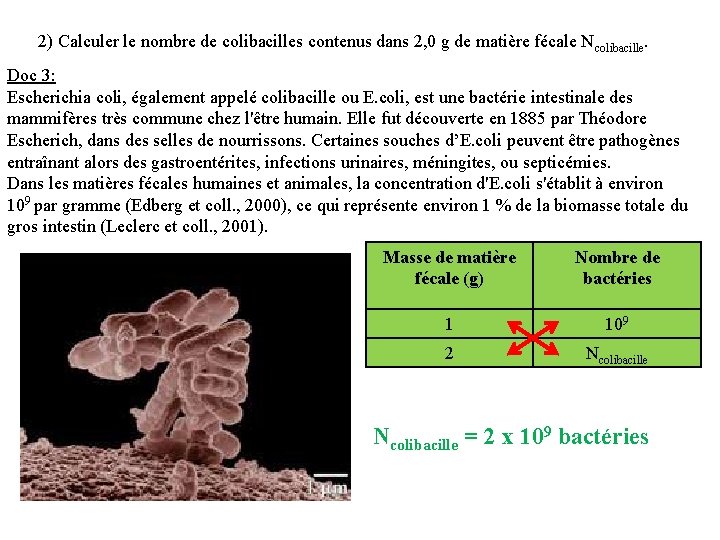 2) Calculer le nombre de colibacilles contenus dans 2, 0 g de matière fécale