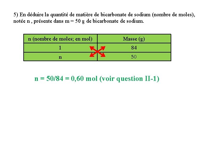 5) En déduire la quantité de matière de bicarbonate de sodium (nombre de moles),