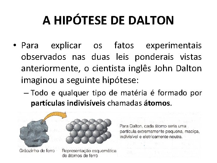 A HIPÓTESE DE DALTON • Para explicar os fatos experimentais observados nas duas leis A HIPÓTESE DE DALTON • Para explicar os fatos experimentais observados nas duas leis
