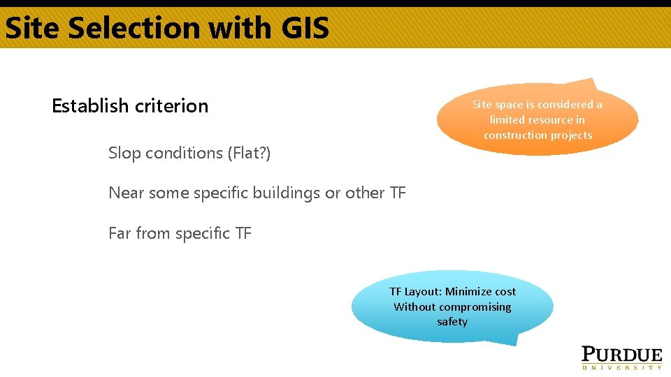 Site Selection with GIS Establish criterion Site space is considered a limited resource in