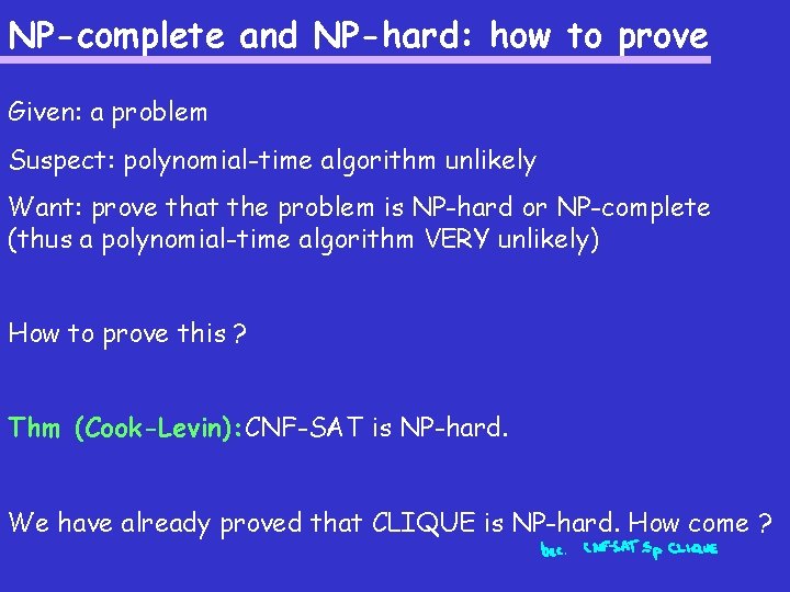 NP-complete and NP-hard: how to prove Given: a problem Suspect: polynomial-time algorithm unlikely Want: