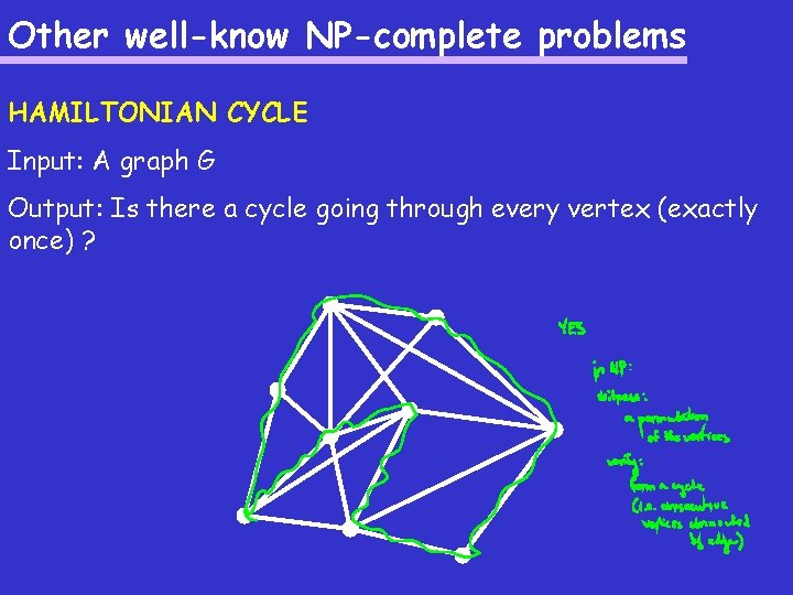 Other well-know NP-complete problems HAMILTONIAN CYCLE Input: A graph G Output: Is there a