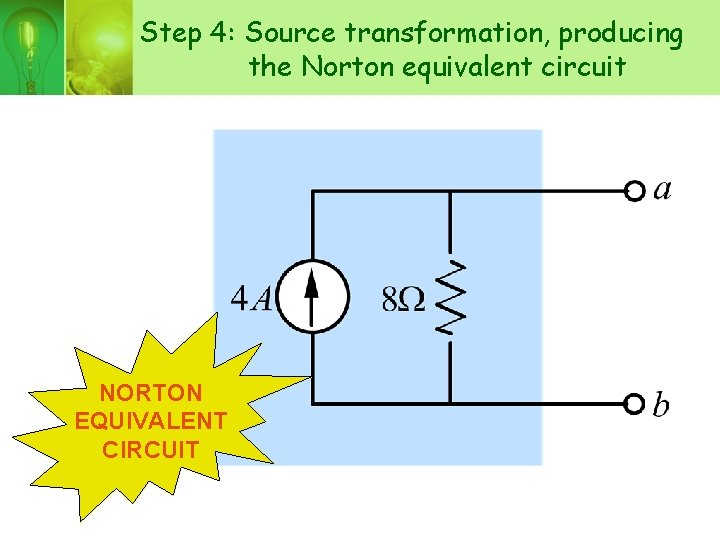 Step 4: Source transformation, producing the Norton equivalent circuit NORTON EQUIVALENT CIRCUIT 