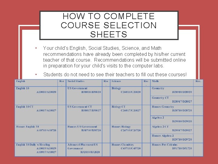 HOW TO COMPLETE COURSE SELECTION SHEETS • Your child’s English, Social Studies, Science, and
