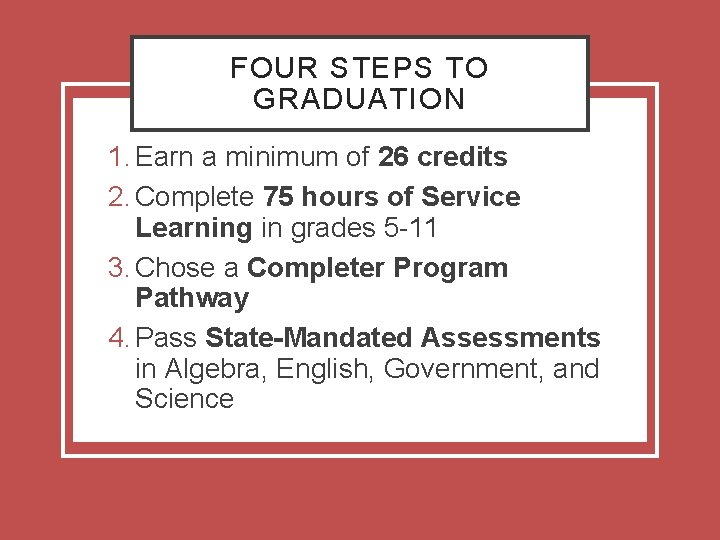 FOUR STEPS TO GRADUATION 1. Earn a minimum of 26 credits 2. Complete 75