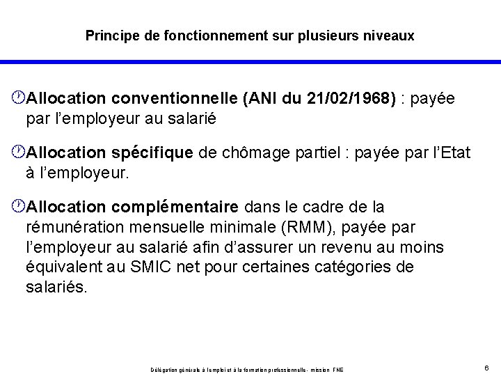 Principe de fonctionnement sur plusieurs niveaux ·Allocation conventionnelle (ANI du 21/02/1968) : payée par