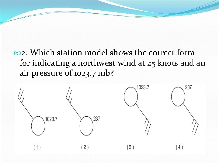 2. Which station model shows the correct form for indicating a northwest wind