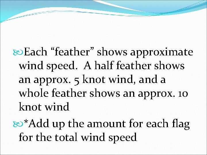  Each “feather” shows approximate wind speed. A half feather shows an approx. 5