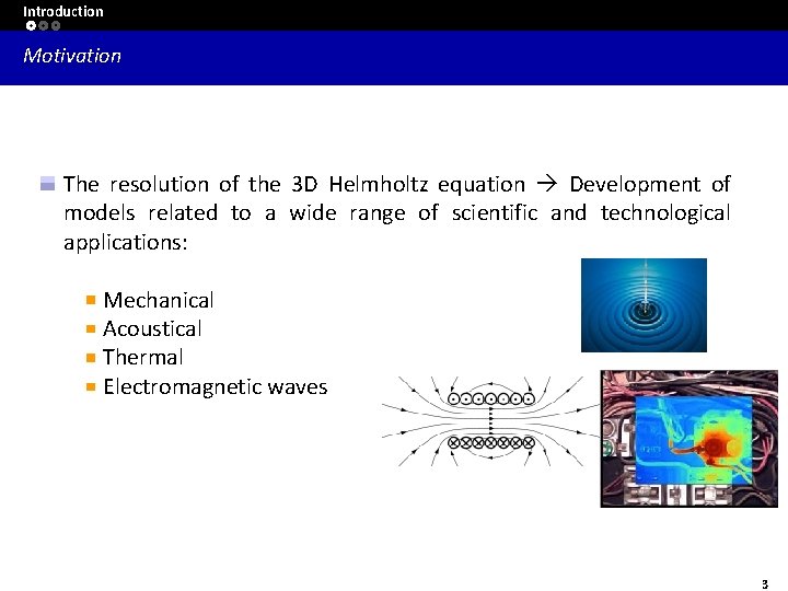 Introduction Motivation The resolution of the 3 D Helmholtz equation Development of models related