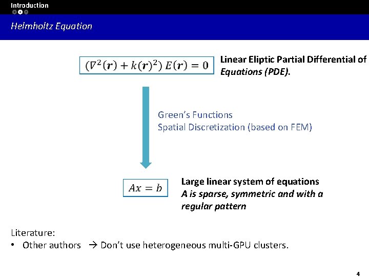 Introduction Helmholtz Equation Linear Eliptic Partial Differential of Equations (PDE). Green’s Functions Spatial Discretization