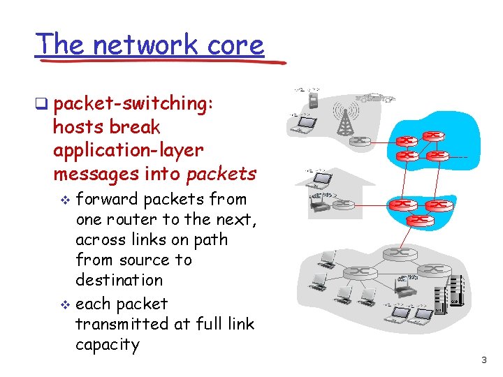 The network core q packet-switching: hosts break application-layer messages into packets forward packets from