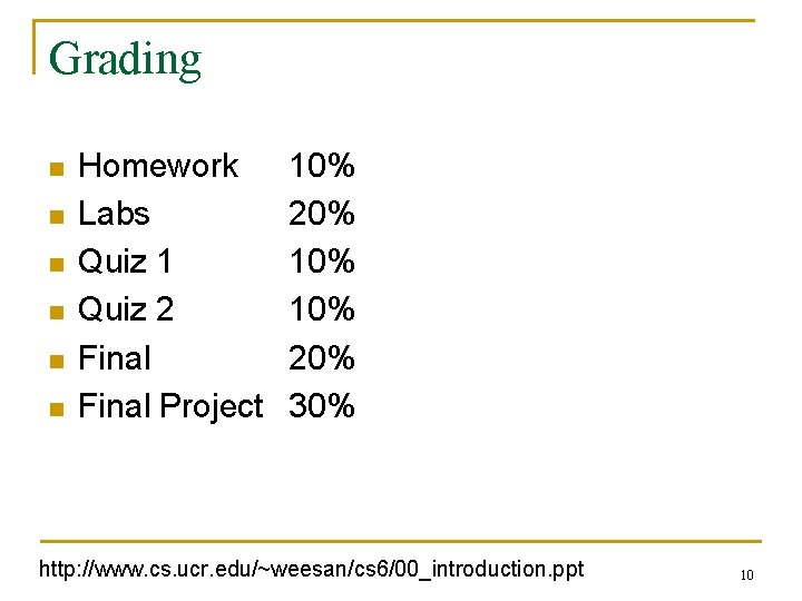 Grading n n n Homework Labs Quiz 1 Quiz 2 Final Project 10% 20%