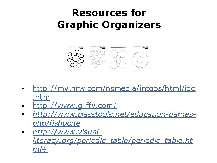 Resources for Graphic Organizers • • http: //my. hrw. com/nsmedia/intgos/html/igo. htm http: //www. gliffy.