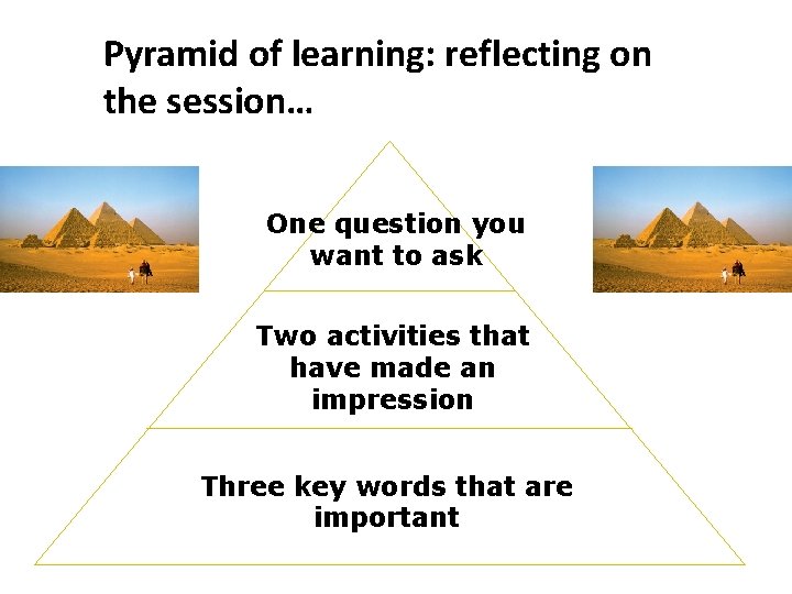 Pyramid of learning: reflecting on the session… One question you want to ask Two