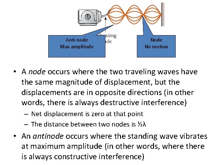 Anti-node Max amplitude No motion • A node occurs where the two traveling waves