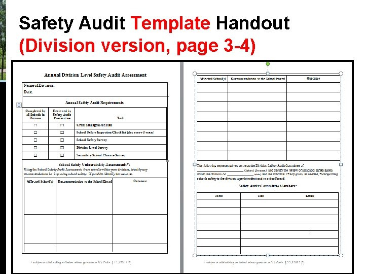 Safety Audit Template Handout (Division version, page 3 -4) Safety Audit Template Handout (Division version, page 3 -4)