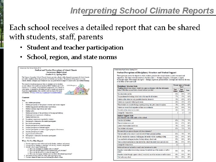 Interpreting School Climate Reports Each school receives a detailed report that can be shared Interpreting School Climate Reports Each school receives a detailed report that can be shared
