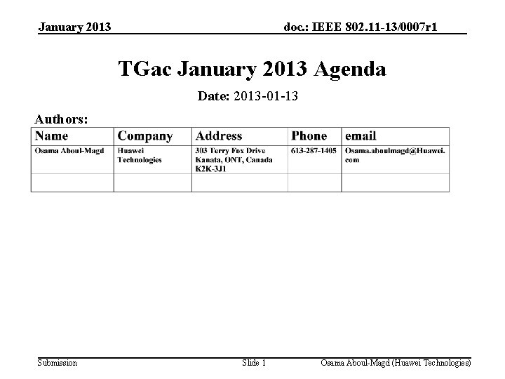 January 2013 doc. : IEEE 802. 11 -13/0007 r 1 TGac January 2013 Agenda