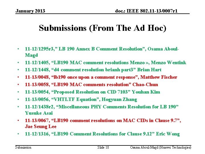 January 2013 doc. : IEEE 802. 11 -13/0007 r 1 Submissions (From The Ad