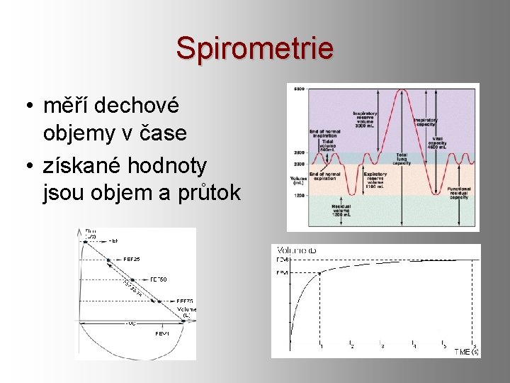 Spirometrie • měří dechové objemy v čase • získané hodnoty jsou objem a průtok Spirometrie • měří dechové objemy v čase • získané hodnoty jsou objem a průtok