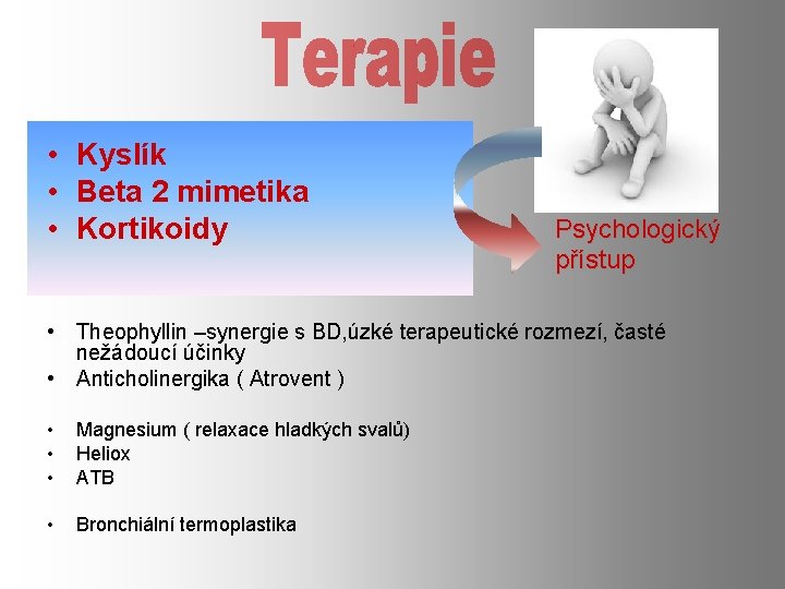  • Kyslík • Beta 2 mimetika • Kortikoidy Psychologický přístup • Theophyllin –synergie