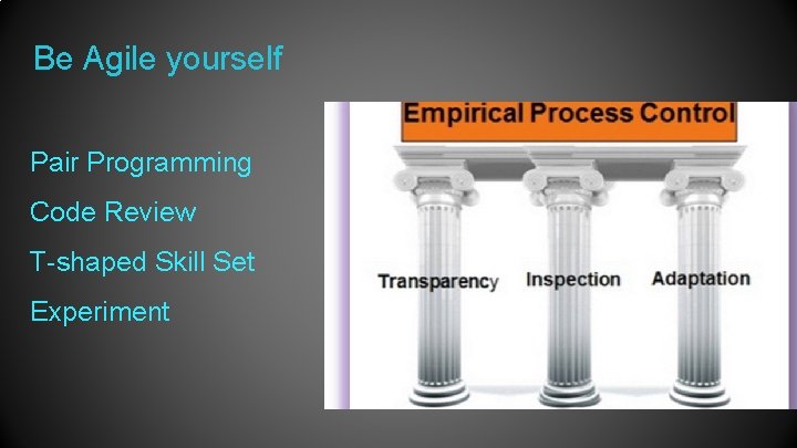Be Agile yourself Pair Programming Code Review T-shaped Skill Set Experiment 