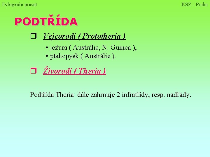 Fylogenie prasat KSZ - Praha PODTŘÍDA r Vejcorodí ( Prototheria ) • ježura (