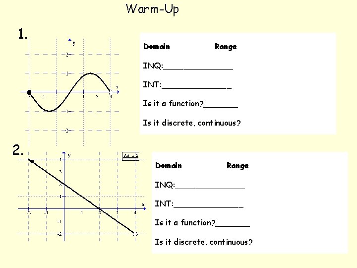 Warm-Up 1. Domain Range INQ: _______ INT: _______ Is it a function? _______ Is