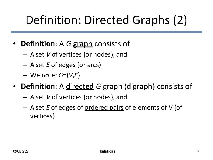 Definition: Directed Graphs (2) • Definition: A G graph consists of – A set Definition: Directed Graphs (2) • Definition: A G graph consists of – A set