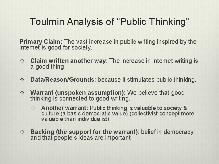 Toulmin Analysis of “Public Thinking” Primary Claim: The vast increase in public writing inspired Toulmin Analysis of “Public Thinking” Primary Claim: The vast increase in public writing inspired
