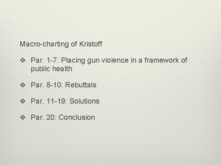 Macro-charting of Kristoff v Par. 1 -7: Placing gun violence in a framework of