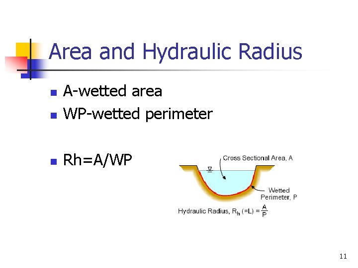 Area and Hydraulic Radius n A-wetted area WP-wetted perimeter n Rh=A/WP n 11 