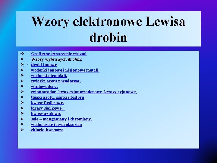 Wzory elektronowe Lewisa drobin v Ø Ø Ø Ø Graficzne oznaczenie wiązań Wzory wybranych