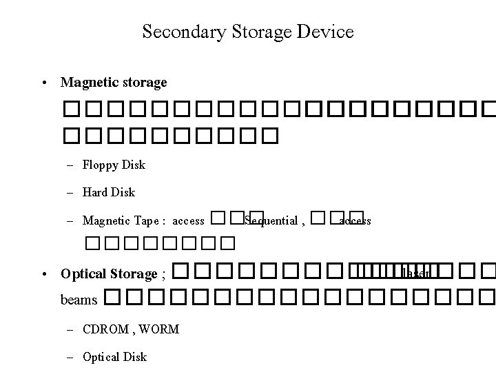 Secondary Storage Device • Magnetic storage ���������� – Floppy Disk – Hard Disk –