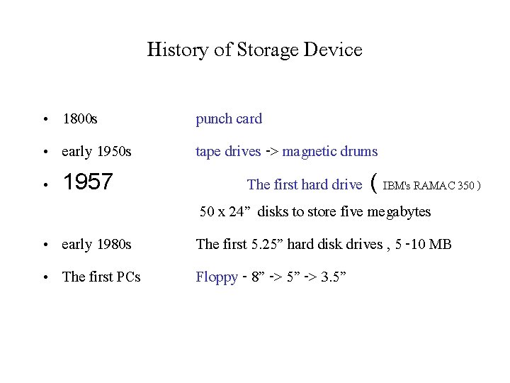 History of Storage Device • 1800 s • early 1950 s • 1957 •