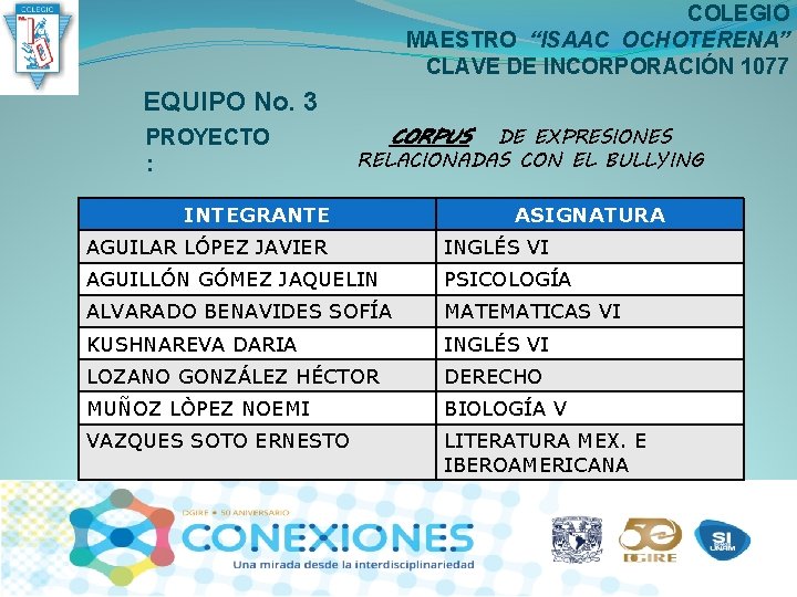 COLEGIO MAESTRO “ISAAC OCHOTERENA” CLAVE DE INCORPORACIÓN 1077 EQUIPO No. 3 PROYECTO : CORPUS COLEGIO MAESTRO “ISAAC OCHOTERENA” CLAVE DE INCORPORACIÓN 1077 EQUIPO No. 3 PROYECTO : CORPUS