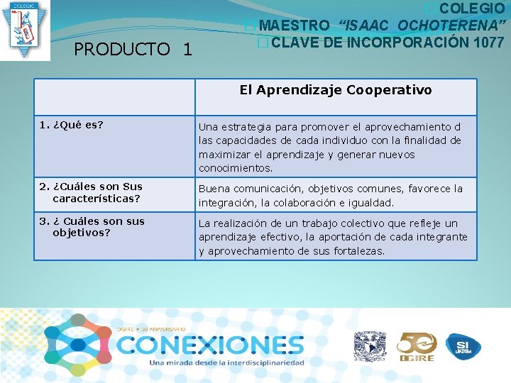 PRODUCTO 1 � COLEGIO � MAESTRO “ISAAC OCHOTERENA” � CLAVE DE INCORPORACIÓN 1077 El PRODUCTO 1 � COLEGIO � MAESTRO “ISAAC OCHOTERENA” � CLAVE DE INCORPORACIÓN 1077 El