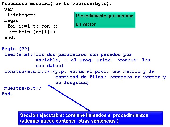 Procedure muestra(var be: vec; con: byte); var i: integer; Procedimiento que imprime begin un