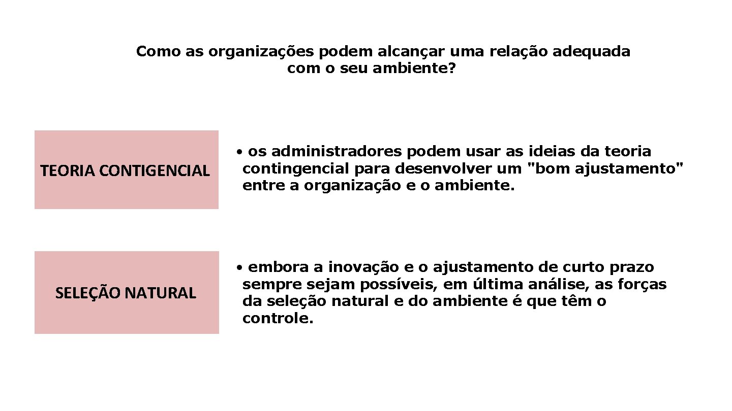 Como as organizações podem alcançar uma relação adequada com o seu ambiente? TEORIA CONTIGENCIAL