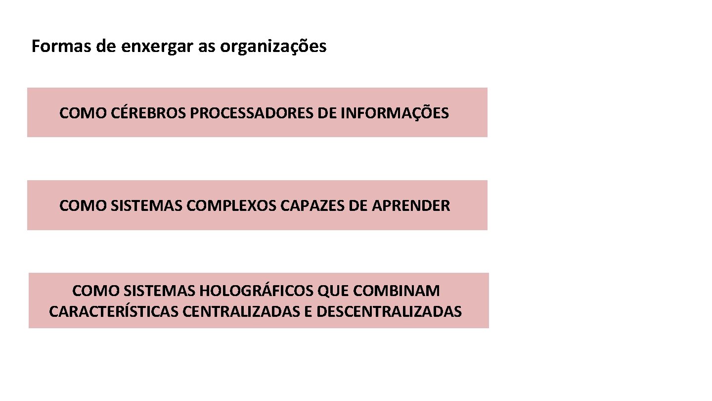 Formas de enxergar as organizações COMO CÉREBROS PROCESSADORES DE INFORMAÇÕES COMO SISTEMAS COMPLEXOS CAPAZES