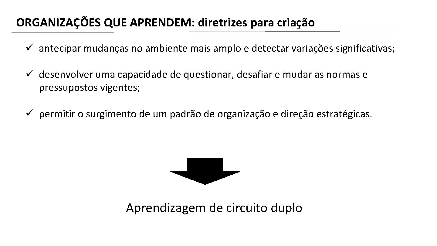 ORGANIZAÇÕES QUE APRENDEM: diretrizes para criação ü antecipar mudanças no ambiente mais amplo e