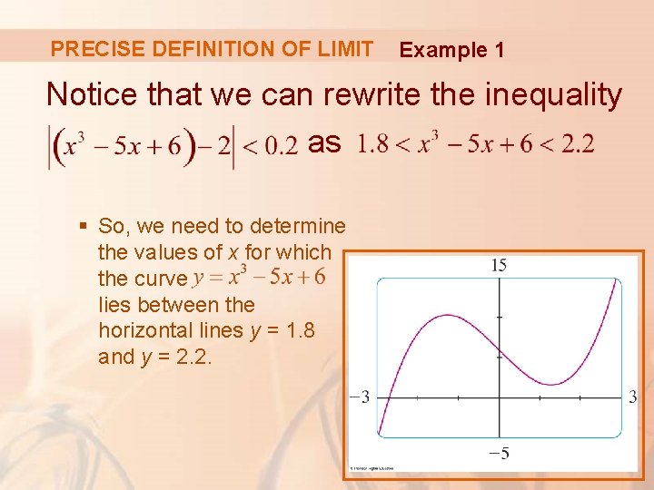 PRECISE DEFINITION OF LIMIT Example 1 Notice that we can rewrite the inequality as PRECISE DEFINITION OF LIMIT Example 1 Notice that we can rewrite the inequality as