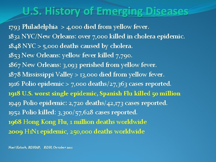 U. S. History of Emerging Diseases 1793 Philadelphia > 4, 000 died from yellow